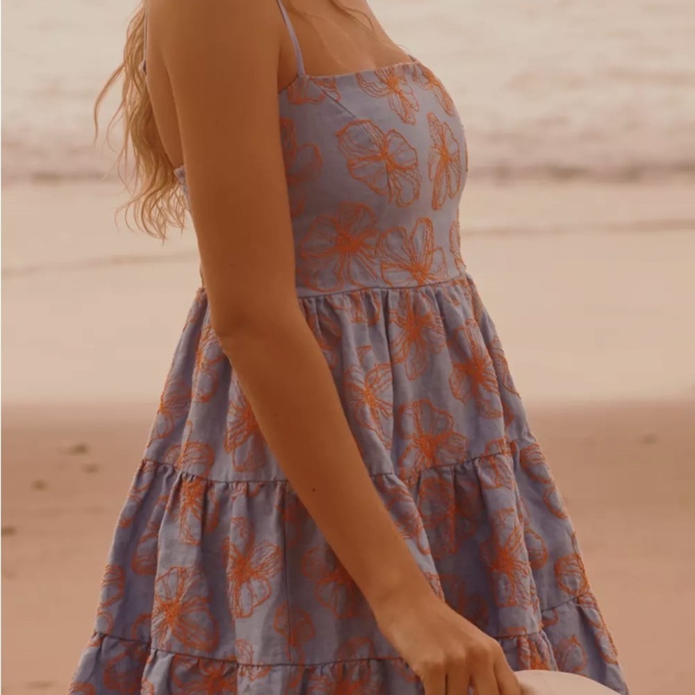 Maaji Poppy Floral Emily Mini Dress Blue Orange Linen Boho Coastal Large L - Picture 5 of 11